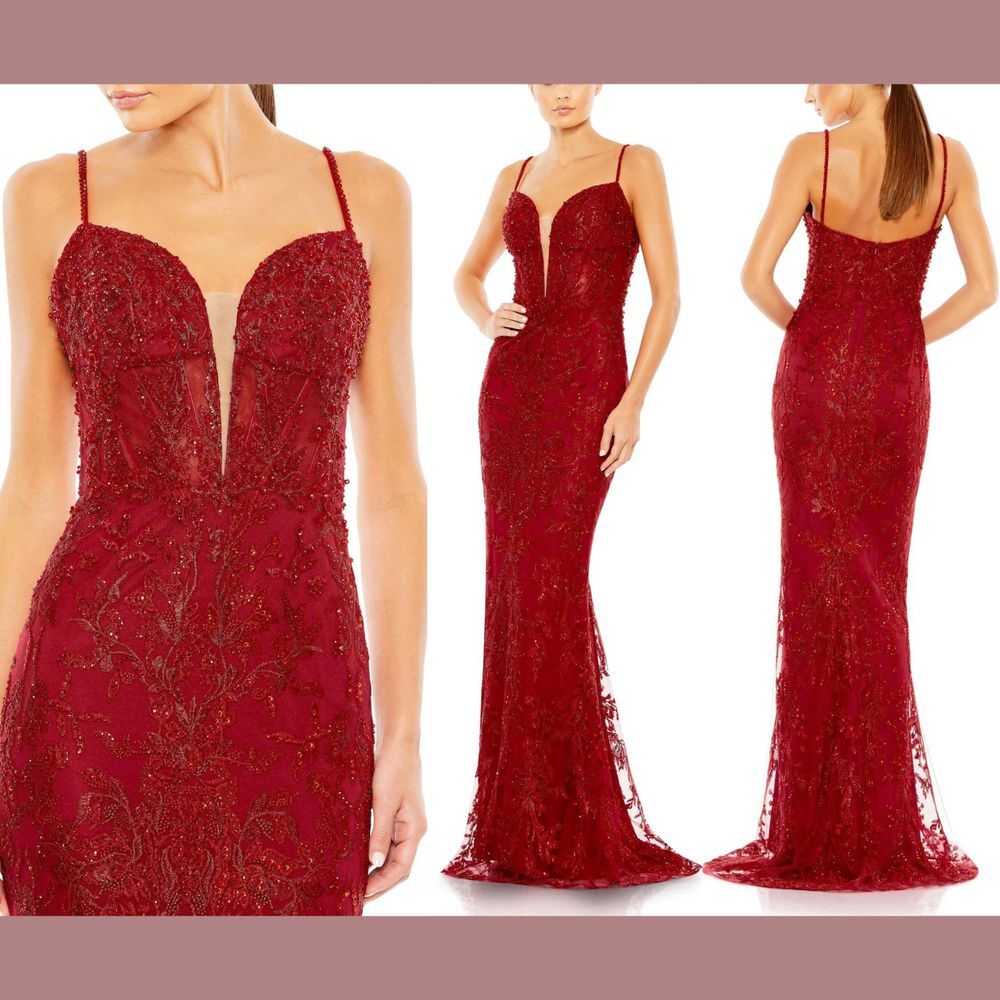 NWT $798 Mac Duggal [ 14 ]‎ 20330 Embellished Plunge Neck Mermaid Gown Red